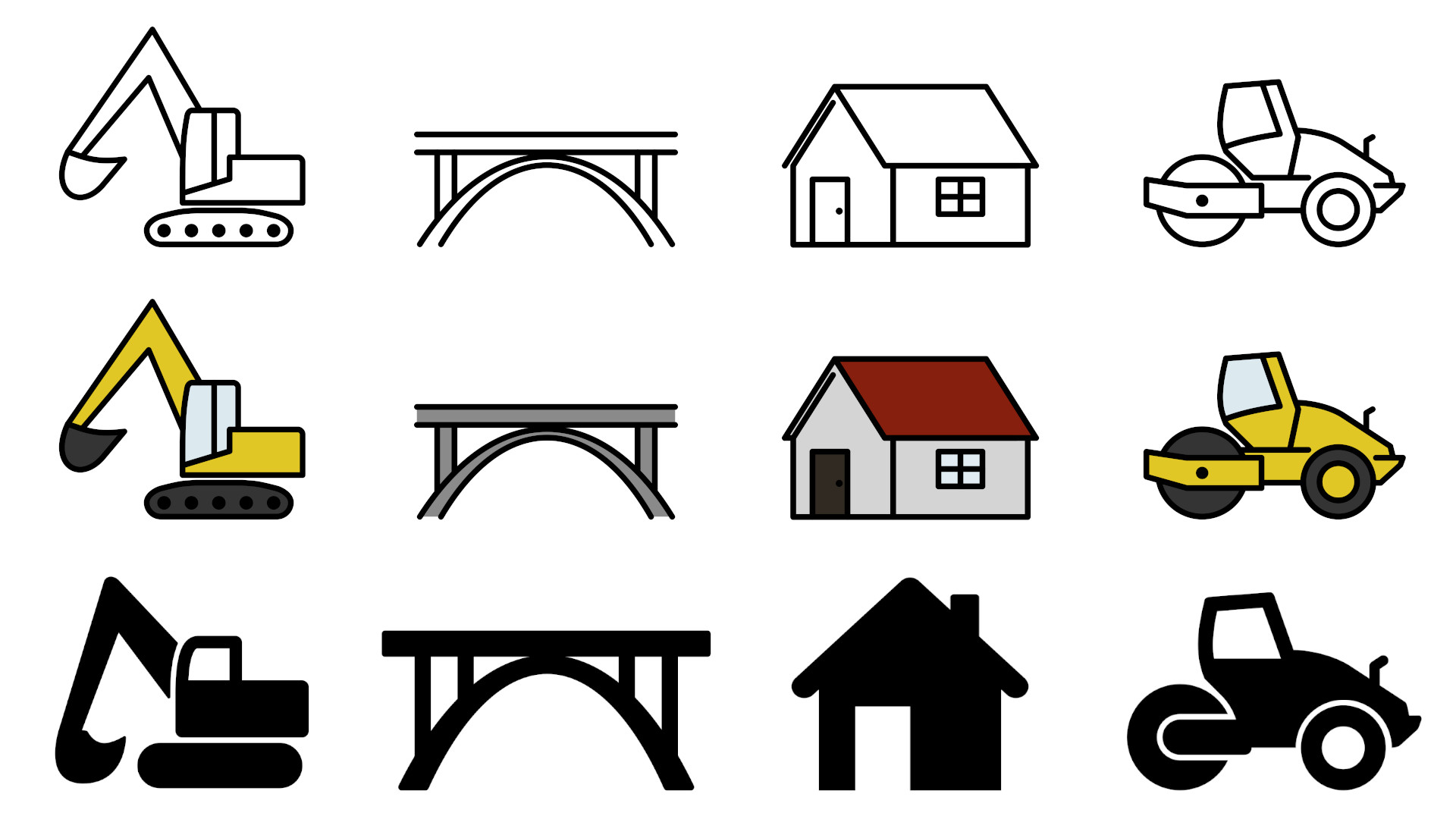 Vektorgrafik mit Bagger, Brücke, Haus und Walze